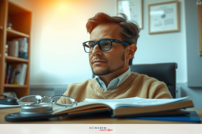 This is a photograph of an intellectual man sitting at a desk in an office environment. He is wearing glasses and appears focused on reading or studying from open books, suggesting he might be a scholar, academic, or professional in a field that requires deep concentration and knowledge.