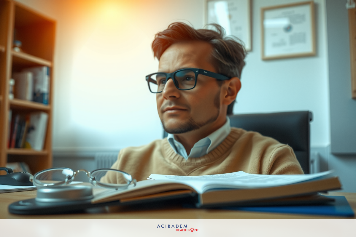 This is a photograph of an intellectual man sitting at a desk in an office environment. He is wearing glasses and appears focused on reading or studying from open books, suggesting he might be a scholar, academic, or professional in a field that requires deep concentration and knowledge.