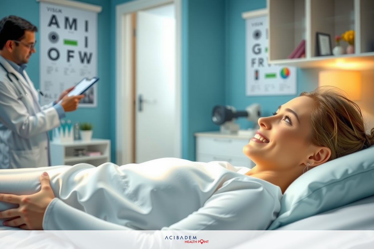 The image depicts a medical scene, possibly an ultrasound. A woman lies on her back on a bed covered in white sheets. A man in a medical lab coat stands next to her, focused on reading a monitor or possibly taking notes. The room has clinical lighting and posters on the walls displaying medical care and information. The overall atmosphere is suggestive of a professional healthcare setting.