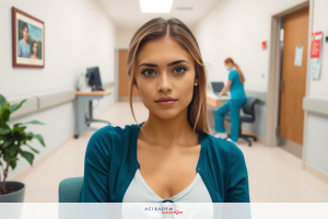 A woman is seen in a modern medical office setting. She is seated at a desk with her hands clasped together on the table. The environment suggests a professional and clean space, typical for medical facilities.