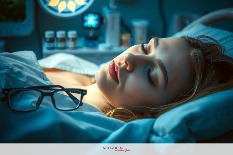 This is a close-up photograph of a woman lying in a hospital bed, possibly sedated. She has light hair and appears to be resting with her eyes closed.