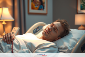 The image shows a man lying in a hospital bed. He appears to be sedated, as suggested by the closed eyes and relaxed posture.