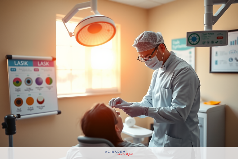 In the image, a medical professional is working with a patient in what appears to be a optometry office. The room has clinical equipment and bright lighting, which suggests that this could be an examination area. The attire of the staff indicates their role as healthcare providers. Their expressions and actions are focused on providing medical care.