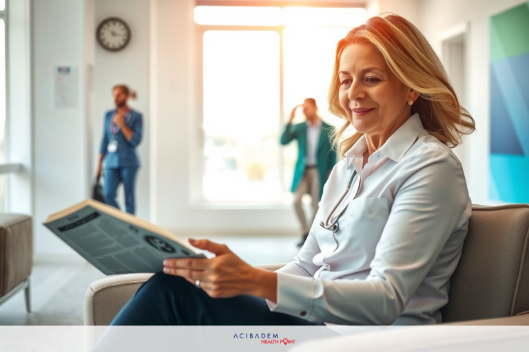 In an office setting, a woman in professional attire sits on a couch with a newspaper. She appears to be reading or studying. The atmosphere suggests modern technology integration into daily work life.