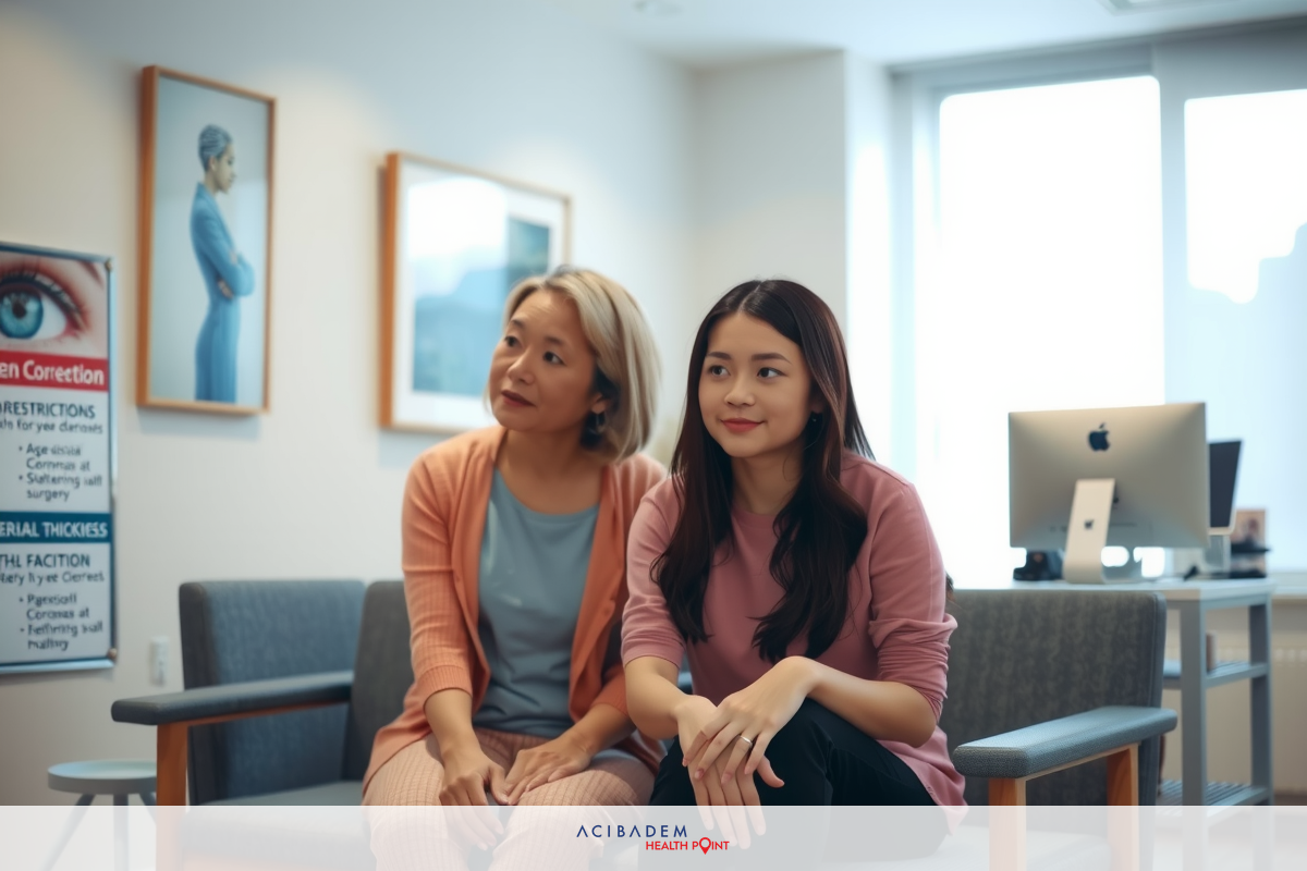 The image shows two women in an indoor setting, possibly a medical office. An older woman is seated with her hand on the younger woman's arm. The younger woman appears attentive and might be receiving medical information or advice from the older woman. The older woman has blonde hair and is wearing a light jacket, while the younger woman has darker hair and is dressed in casual clothes. There's a poster of an eye on the wall behind them, which could suggest that they are discussing issues related to vision or healthcare.