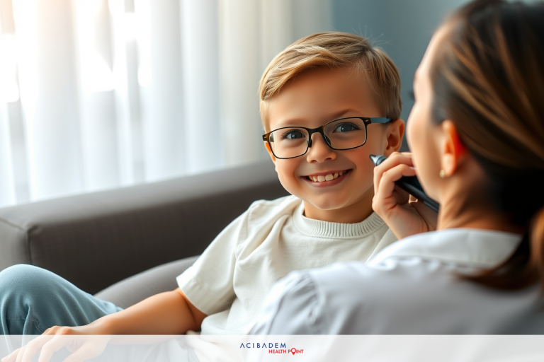 The image shows a young boy sitting on a couch with his legs crossed, smiling and looking at the camera. To his right, there is an adult female who seems to be interacting with him or taking care of him.