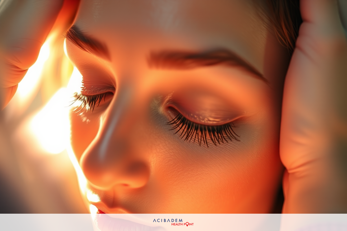 The image features a close-up of a person who appears to be receiving a massage or facial treatment. The individual's eyes are closed, and they have a relaxed expression.