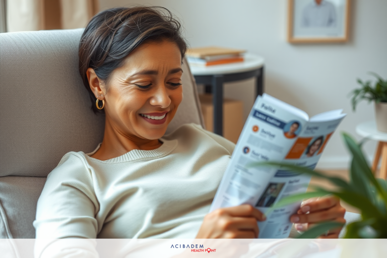 The image shows a woman in a relaxed setting, holding a magazine and smiling. She's seated comfortably on a sofa with her feet propped up on another piece of furniture. The environment appears to be indoors, possibly a living room or a reading nook.