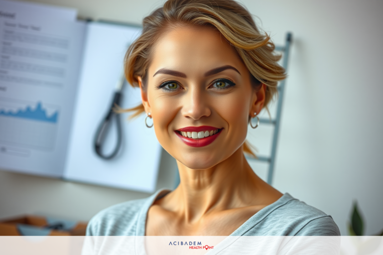 BBL Surgery Philippines Price The image shows a smiling woman with blonde hair and light makeup. She is wearing a gray top, has her hair styled in a short bob, and is standing in front of an office environment.