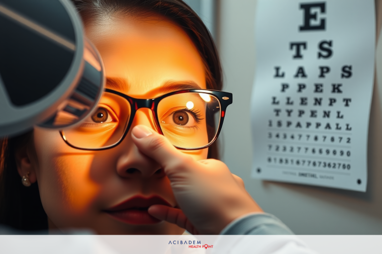 A woman getting an eye examination, with her eyes dilated by a light. The exam room has charts and equipment for eye tests.