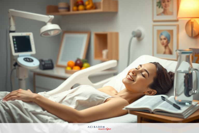 The image shows a smiling woman lying in a hospital bed. She is wearing a white nightgown. Her bed appears modern, with medical equipment around it. The room looks sterile and well-lit, indicating a clean and professional healthcare environment.