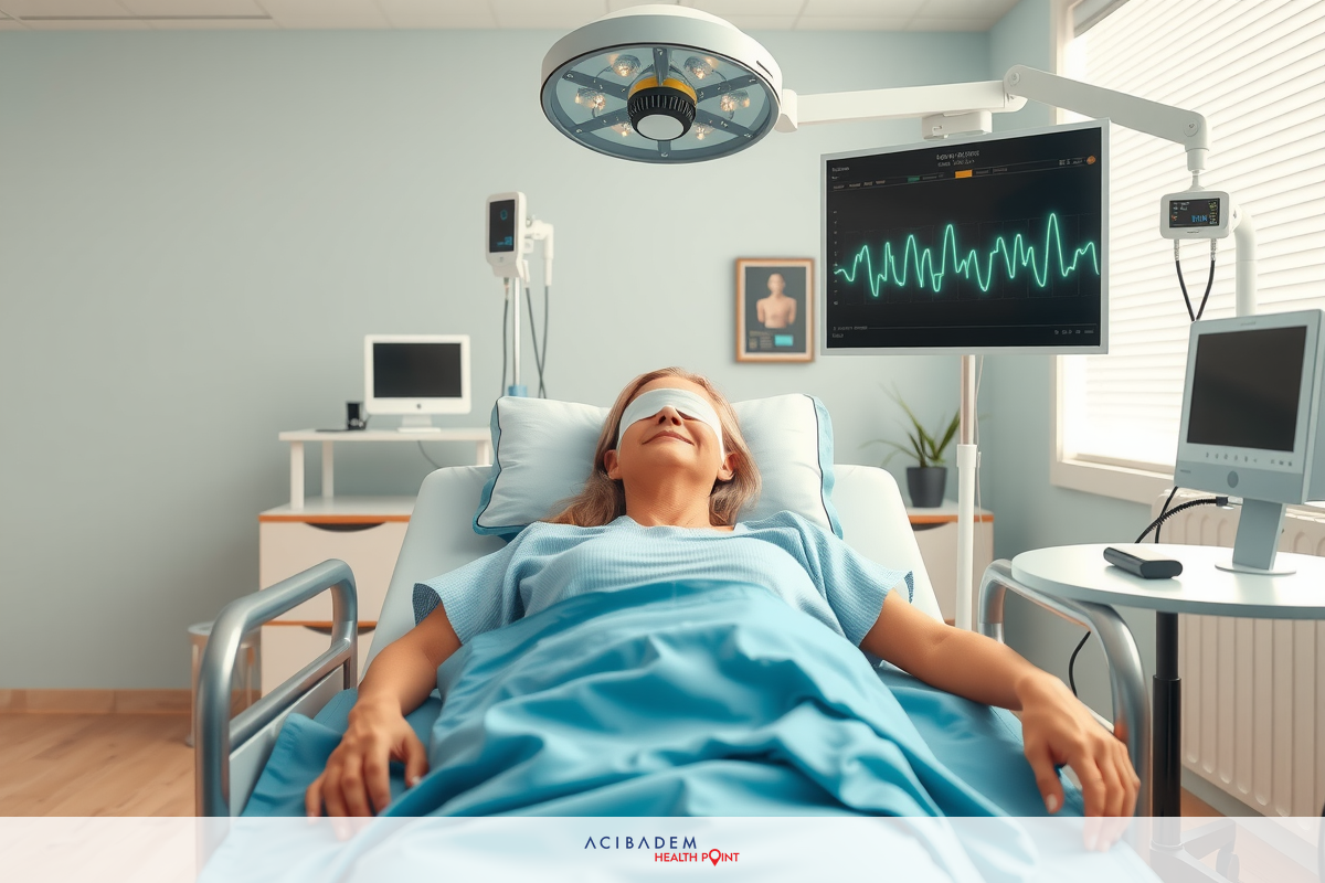 The image shows a hospital room with medical equipment. A person is lying on an operating table, wearing surgical attire. The room is equipped with monitors, possibly for patient monitoring during a procedure.
