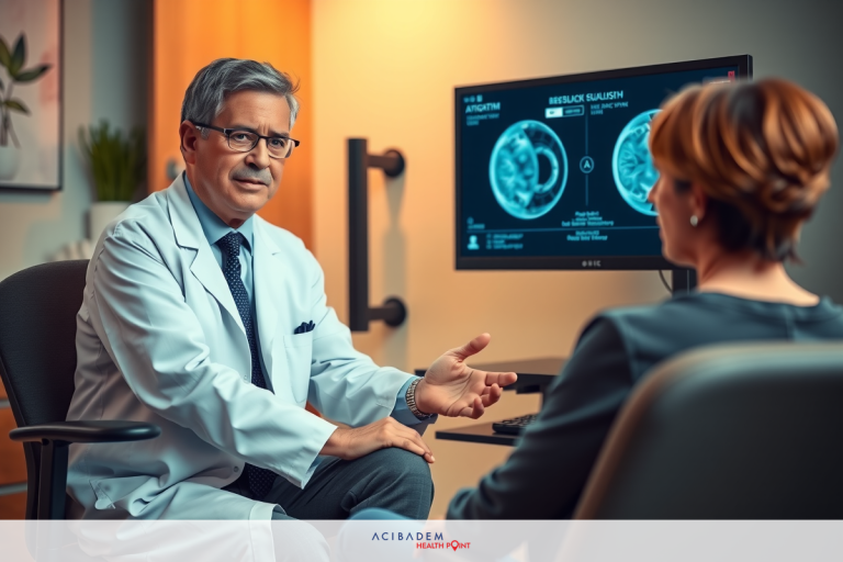 Can I Get Laser Eye Surgery If I Have Astigmatism? This is a medical office setting. There's a doctor, identifiable by his white lab coat and stethoscope, in conversation with a patient seated across the desk from him. The environment suggests a professional and focused atmosphere typical of a healthcare consultation.