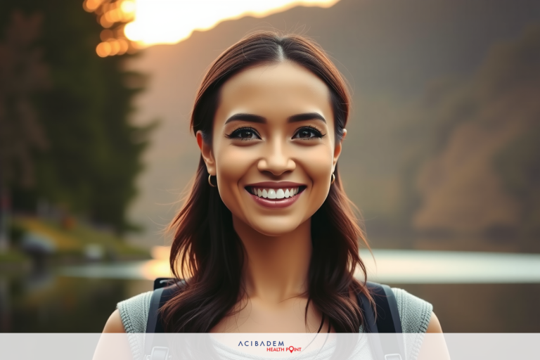 Can I Get LASIK Eye Surgery? A woman is smiling, wearing a backpack and seems to be enjoying an outdoor activity. She has dark hair pulled back and is standing in front of a lake at sunset or dawn with trees and mountains visible in the background.