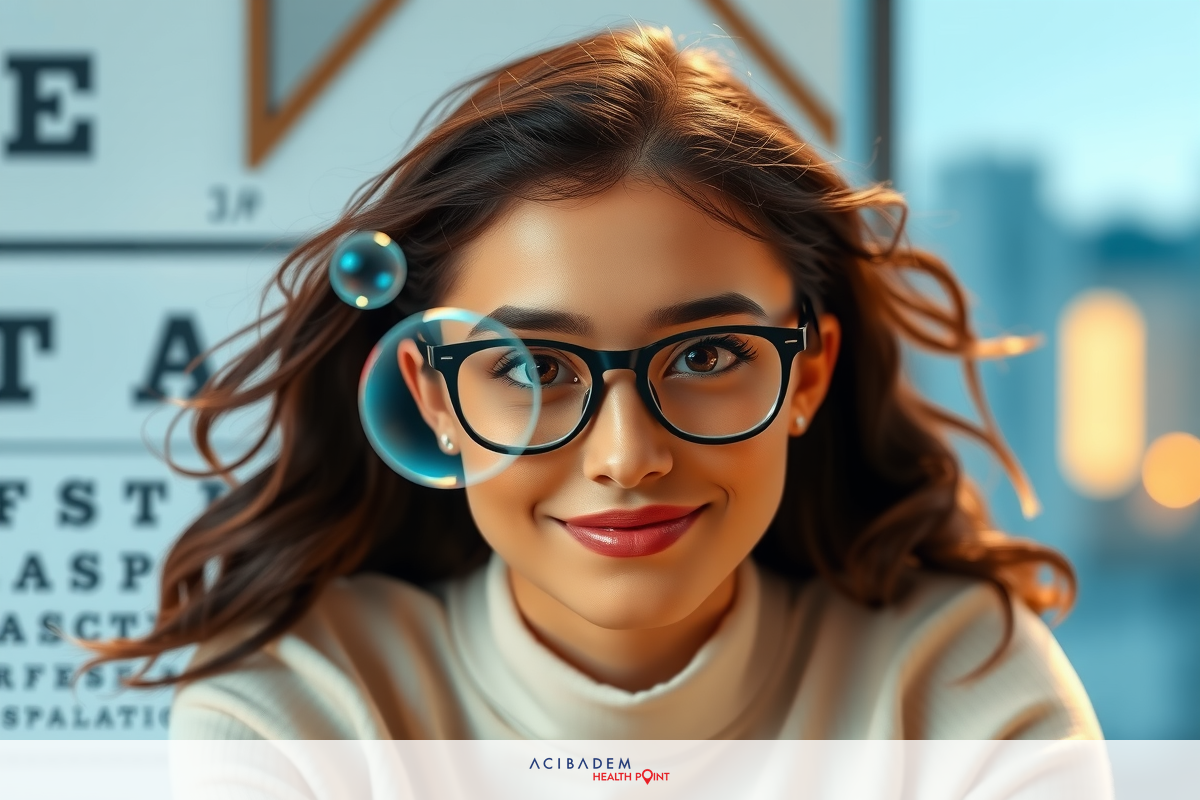 A young woman in glasses and a white top smiling at the camera. She has short hair and is wearing a ring. The background includes an eye chart for vision tests.