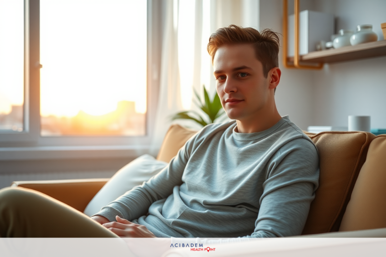 Is Steroid Injections Work Post Rhinoplasty Man in a cozy home setting, sitting on a couch during sunset. The room has natural light streaming in and is calm and inviting.