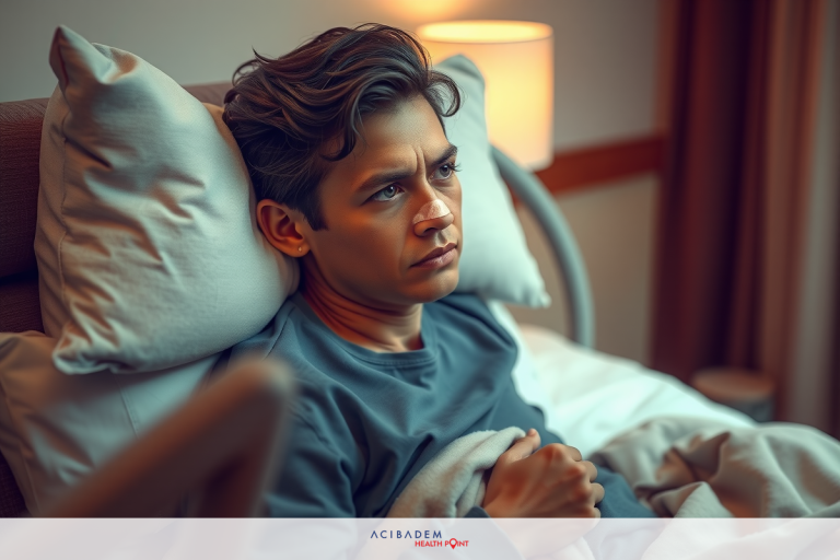 Can Rhinoplasty Cause Random Pain The image shows a man lying in a hospital bed with his arms crossed. He is wearing a blue shirt and appears to be looking at something or someone off-camera.