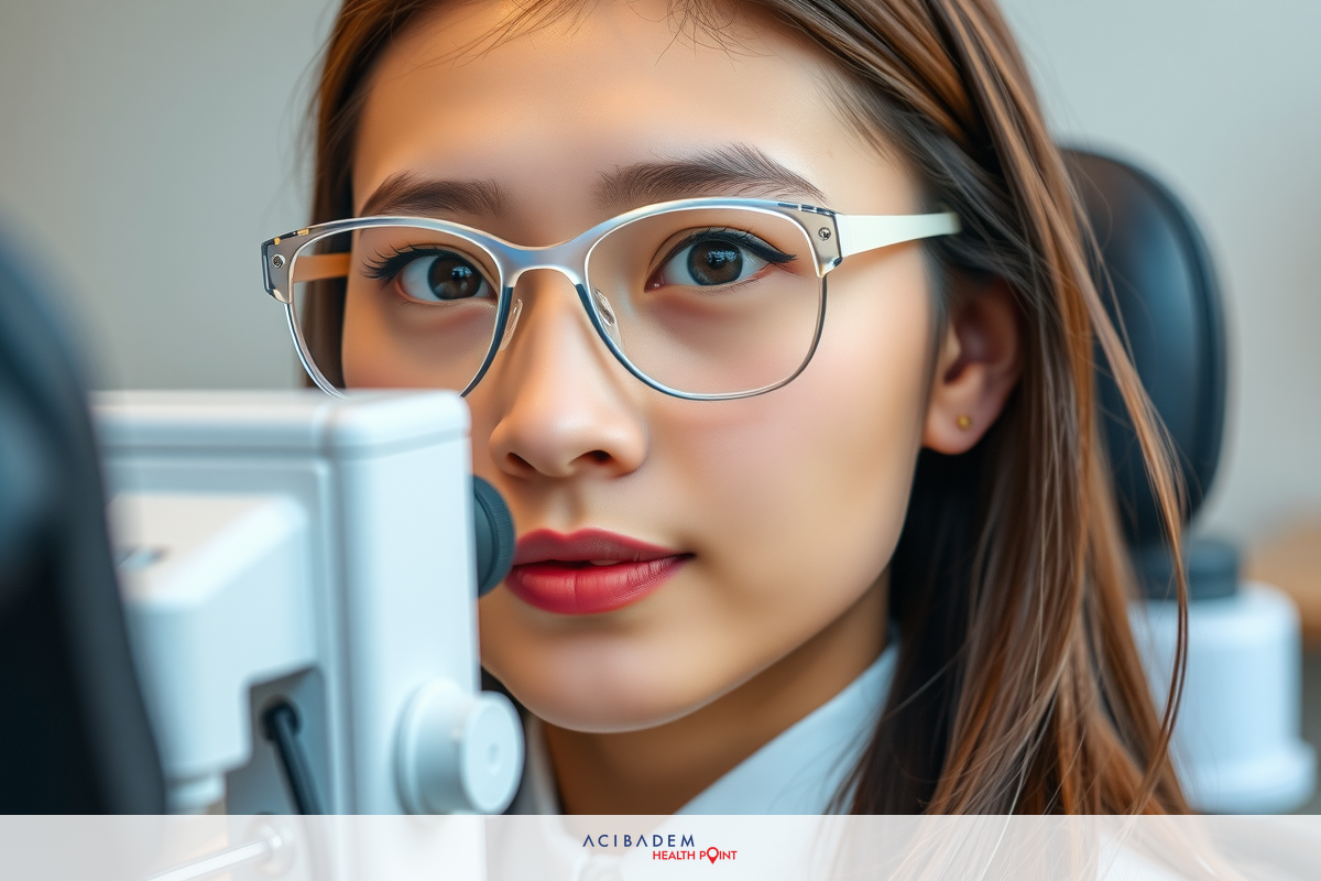 Woman in lab setting with glasses looking at microscope slide.