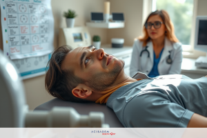 A male patient is lying down on a medical examination table. He is wearing a grey hospital gown and appears to be undergoing an examination or procedure. A female doctor in a white lab coat stands beside the table, attentively observing the patient's condition.