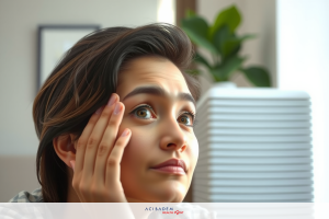 The image shows a person, likely a woman based on facial features and attire. She is looking upwards and to the left with a contemplative expression, possibly deep in thought or waiting for something. Her right hand is near her face, suggesting she may be holding or touching her cheek or chin.
