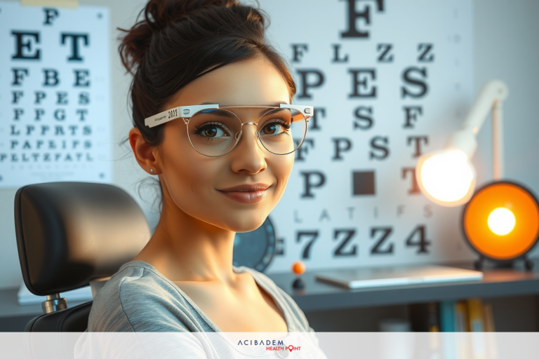 The image shows a young woman in an office setting with various pieces of eye exam equipment. She is wearing glasses and has a relaxed expression on her face.