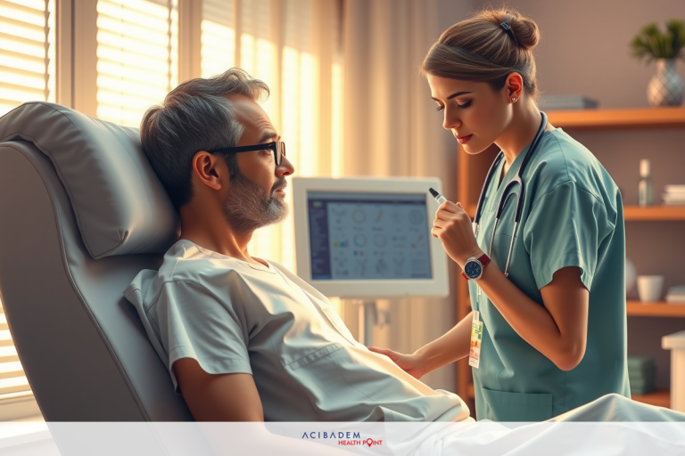 How Long Are Eyes Hazy After LASIK This image shows a medical setting with a patient and a nurse. The patient, wearing glasses, is lying in a hospital bed with a monitor next to him. The nurse is standing next to the patient and examining him.