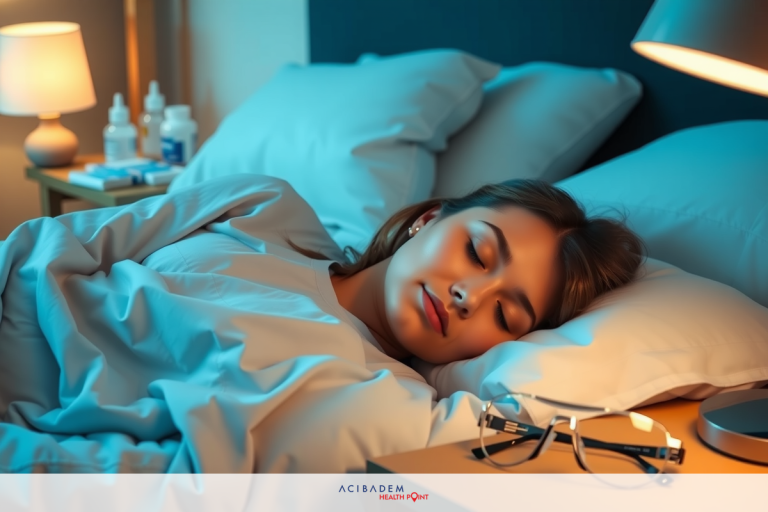 The image depicts a person lying down in a bed. The individual appears to be resting, as suggested by the closed eyes and relaxed posture. There are dark pillows and a blanket visible, creating a cozy sleep environment. The room is dimly lit, with a soft glow from a lamp on the nightstand casting gentle light across the scene.