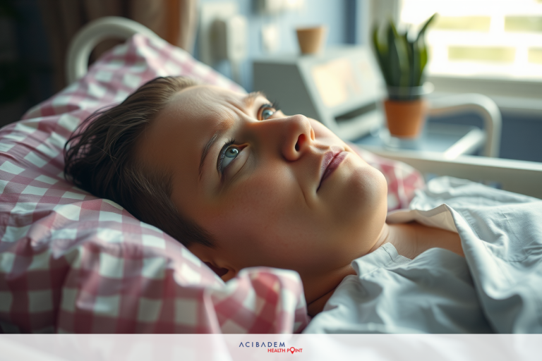 Does LASIK Eye Surgery Cause Depression? The image shows a person lying in a hospital bed, looking up with a worried or anxious expression. There is a small flower pot on a table nearby, and judging by the presence of various monitoring equipment, they appear to be receiving medical treatment. The focus is on the person's face and upper body, suggesting a close-up shot meant to convey emotion or narrative.