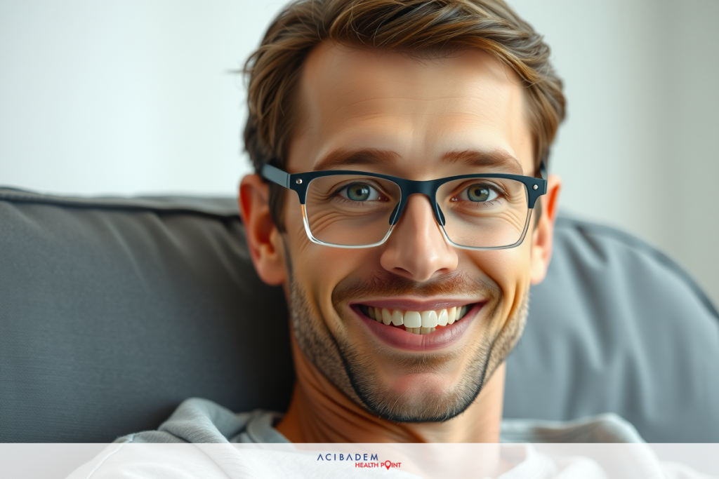 What Does LASIK Eye Surgery The image shows a smiling man wearing glasses and seated on a couch. The background is neutral, possibly in an indoor setting such as a living room or office space. There are no distinctive colors that stand out beyond the standard neutral tones found in typical interior spaces.