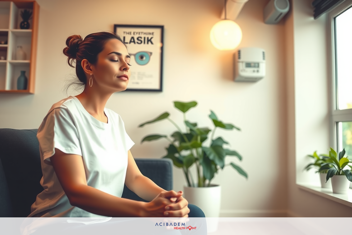 The image features a woman in a meditative pose, sitting cross-legged with her hands clasped together on her knees. She is wearing a casual outfit and appears to be focused on something or someone outside of the frame. The room has a modern aesthetic with minimalist furnishings including a couch and a potted plant, suggesting an interior design that prioritizes simplicity and tranquility.
