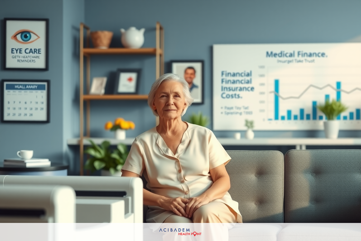 Image depicts a room with an elderly woman sitting comfortably on a couch, likely in her home. Behind her is a large screen displaying graphs and charts about medical financial data. This suggests the image is related to healthcare finance and could be part of an educational or informative context where financial planning for seniors or medical expenses are being discussed.