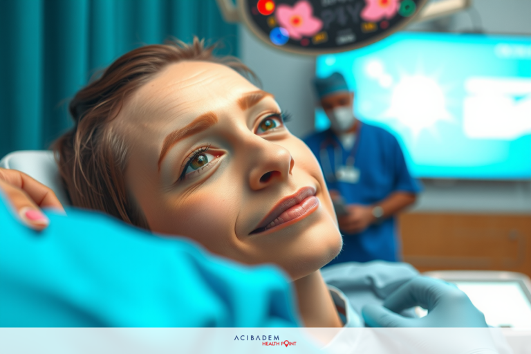 The image depicts an interior hospital setting. A woman in a medical gown is lying on a bed, receiving attention from medical staff, who are dressed in typical surgical attire.