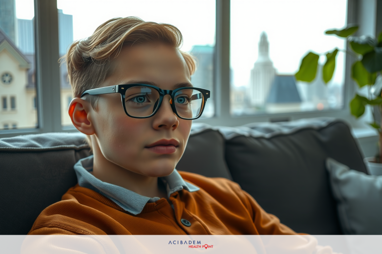 A young person with glasses, styled hair and a brown sweater, sitting on a couch looking out of the window. The room is well lit with daylight, suggesting an indoor setting in a cityscape.