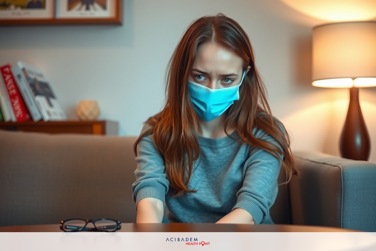 The image shows a woman sitting on a couch wearing a face mask. She has long hair and appears to be in a room with a table in front of her. The mask suggests a concern for health, possibly indicating the current global health situation. The setting is an indoor domestic environment, suggesting that she might be at home during this time.