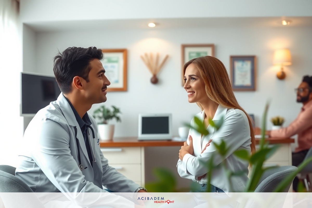 The image shows a man and a woman seated in an office environment. The man is wearing a medical coat, suggesting he might be a doctor or healthcare professional. They appear to be engaged in a conversation, possibly discussing a patient's case or health-related matters. A potted plant adds a touch of greenery to the setting.