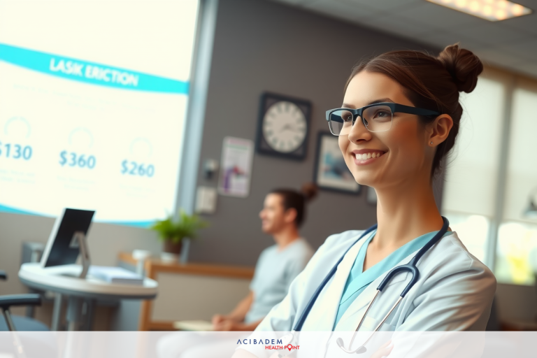 The image shows a female healthcare professional in a modern office environment. She is wearing glasses and medical scrubs, suggesting she is a doctor or nurse. The background includes other professionals and a presentation screen with charts and numbers, indicating a business or educational setting.