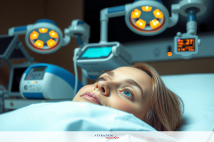 The image shows a woman lying on her back in a hospital bed, equipped with medical monitoring devices. The environment suggests an intensive care unit setting, indicated by the oxygen mask and the various medical equipment around the patient.