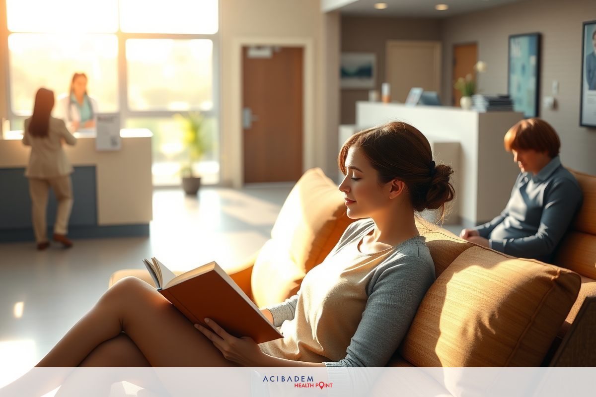 A young woman sitting on a beige couch, reading a book. She is wearing a white top and her legs are crossed. In the background there are other people present in what appears to be a waiting room or lobby with natural lighting coming from the windows.