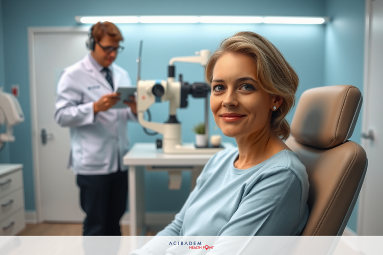 An adult woman is seated in a medical chair, looking towards the camera. A doctor, wearing professional attire and holding medical tools, stands to her side. Both are in an indoor setting that appears to be an examination room with light blue walls and flooring.