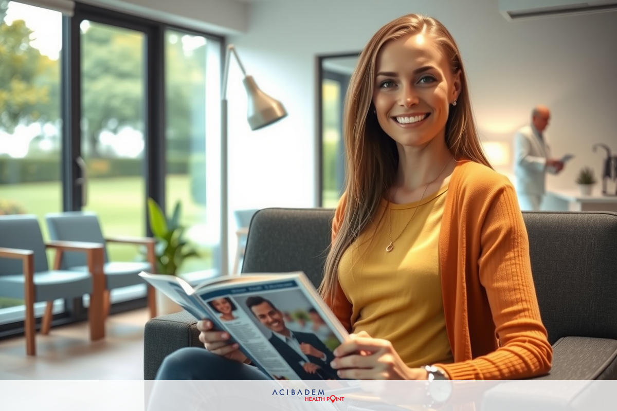 A woman in a yellow top sits comfortably on a couch, holding a magazine with a positive expression. The room has modern decor and is well-lit from natural light coming through windows.