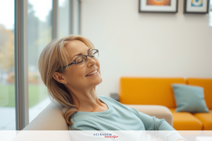 The image depicts a woman comfortably seated on a couch, wearing glasses and smiling. She is in an indoor setting with warm lighting, which suggests a relaxed atmosphere.
