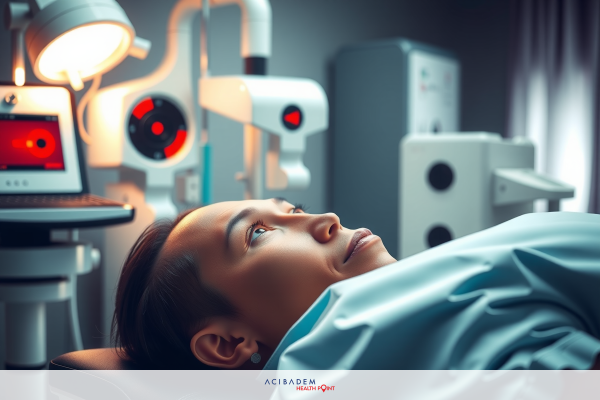 A person lying in a hospital bed. The individual is covered with a blanket, and the medical equipment surrounds them, showing the high-tech environment.