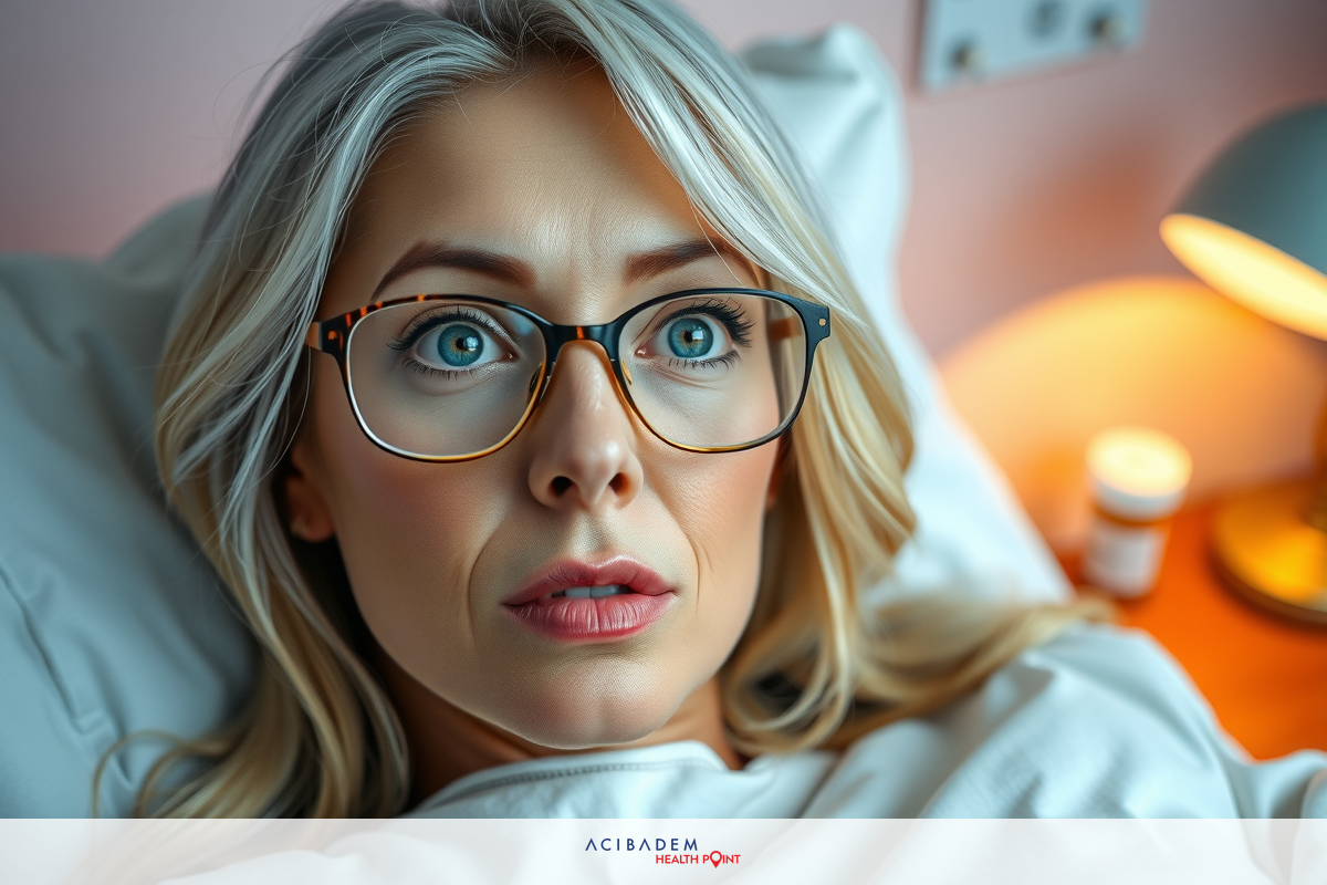 A woman wearing glasses is lying in bed with a surprised or puzzled expression on her face. She has blonde hair, and the lighting appears to be soft with warm tones.