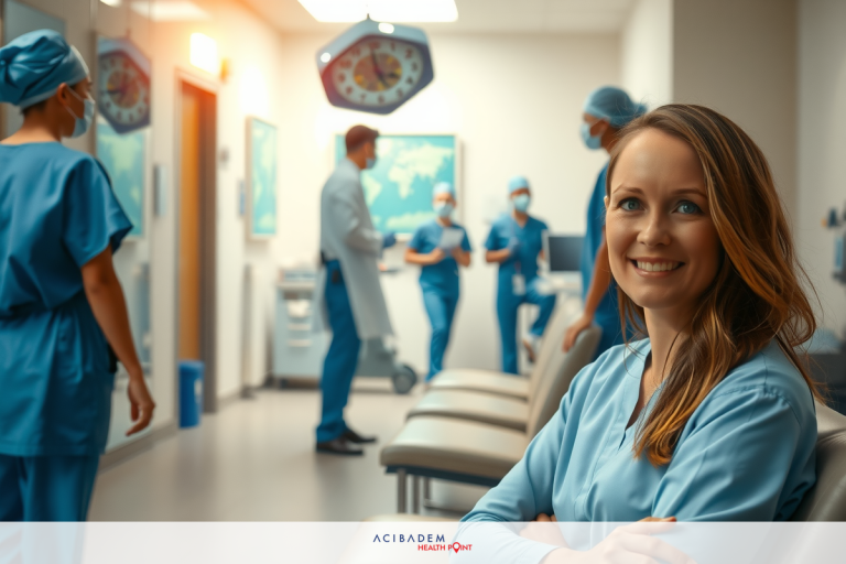 BBL Surgery Abroad The image shows a medical office with multiple doctors in scrubs. The main focus is on a woman sitting in the chair, smiling towards the camera. The environment includes examination chairs and lighting typical for such settings.