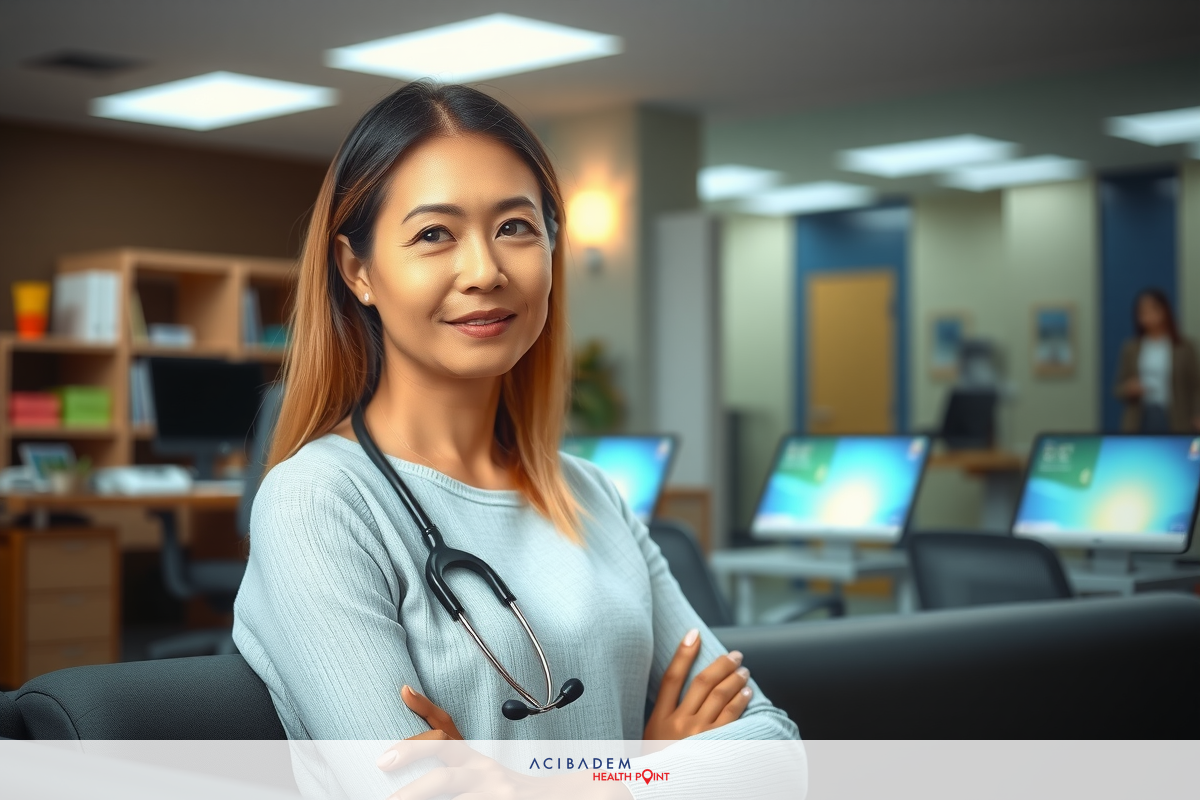 Asian female healthcare professional in modern office environment, smiling and standing confidently with arms crossed. She is wearing a scrub uniform, indicating her role as a nurse or medical staff member.
