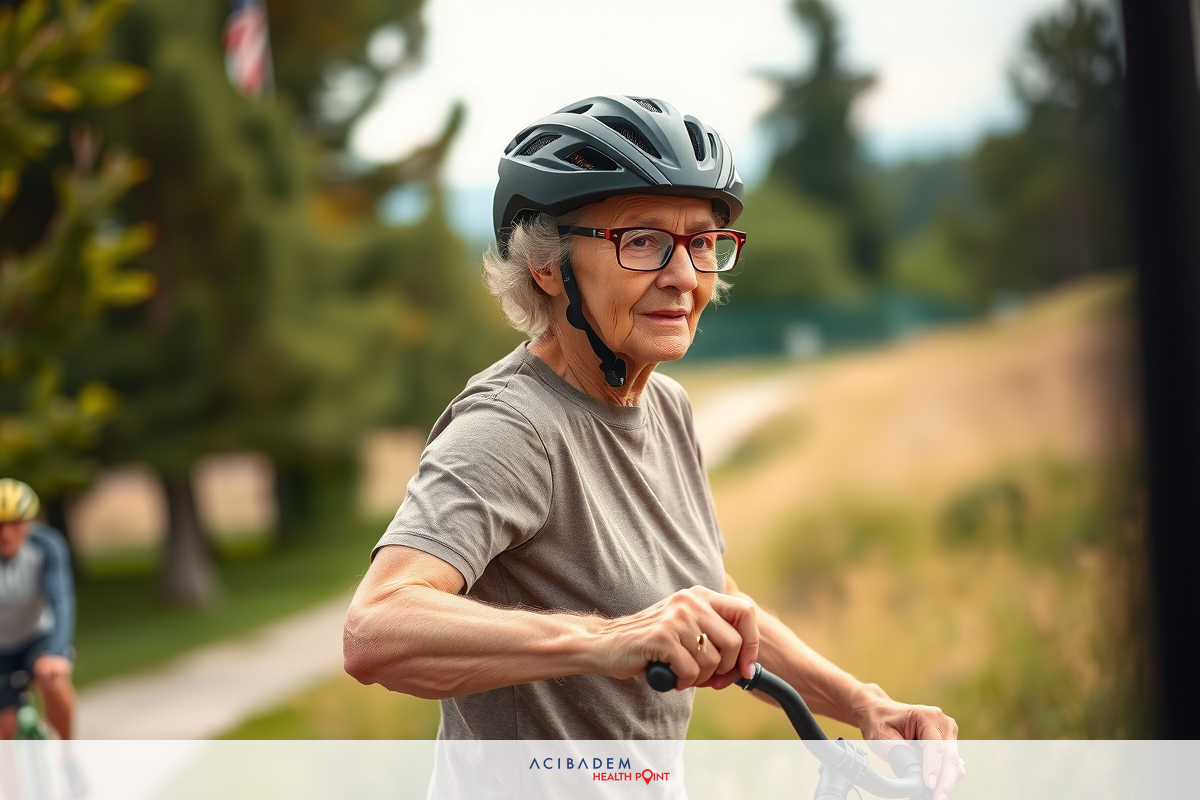The image shows an older woman riding a bicycle on a path. She is wearing a helmet and a grey shirt, and she appears to be in motion. The setting seems to be during the daytime with greenery around her.