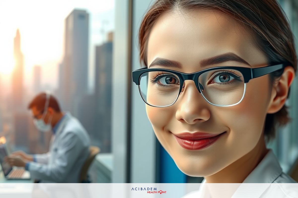 A woman in glasses is smiling at the camera. She's in an office environment, possibly a financial or corporate setting with cityscape in background.