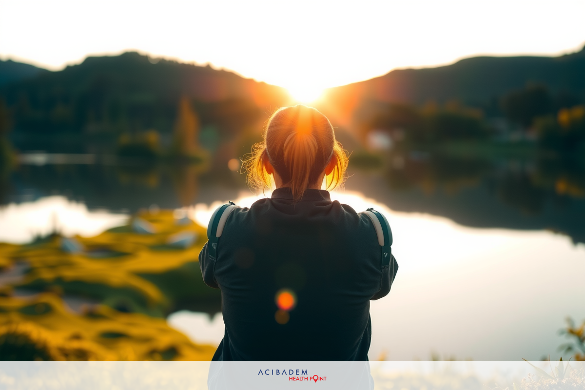 The image shows a tranquil outdoor scene. A person is sitting by a serene body of water, possibly a lake or river, during what appears to be either dawn or dusk given the soft lighting. The individual's back is turned towards the camera, and they are looking out over the water with the sun partially visible behind them, casting a warm glow across the scene.