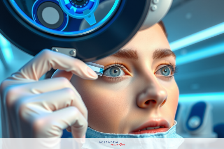 A woman is wearing a surgical mask and using futuristic-looking equipment to examine her eye. She appears focused on the task at hand, possibly in a medical or scientific setting.