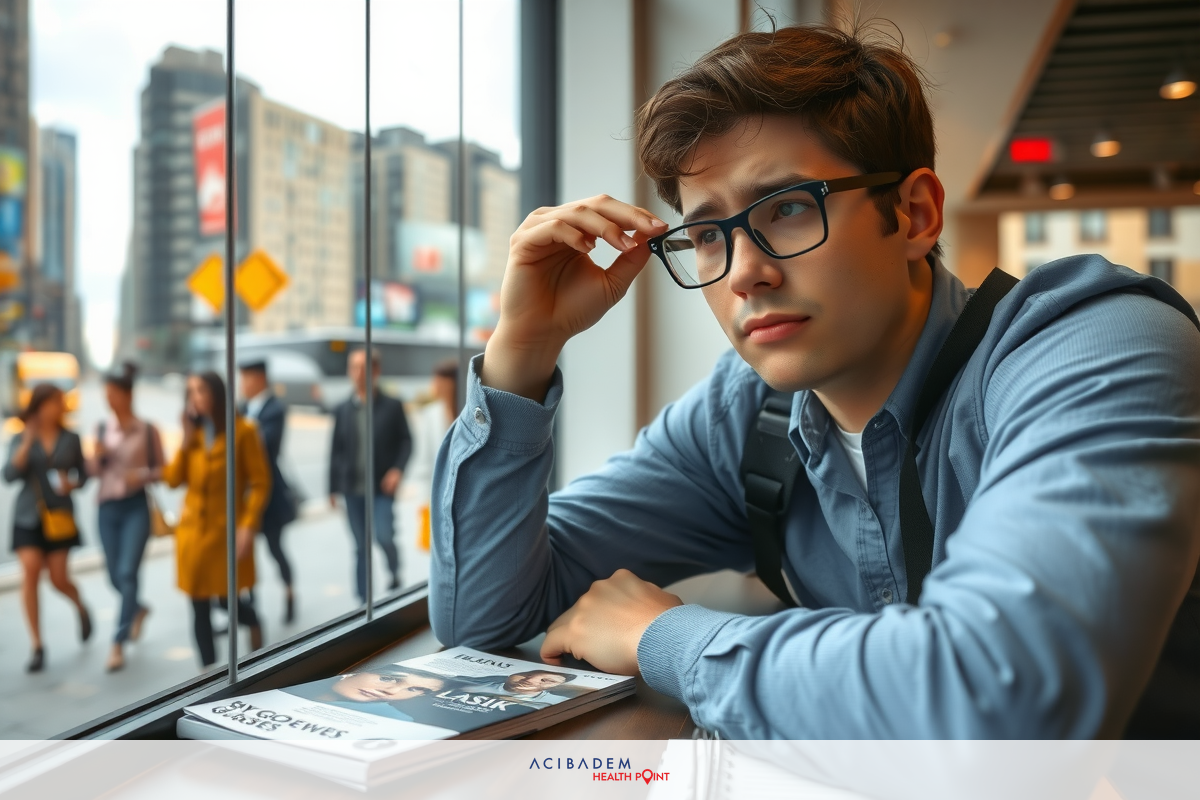 Young man with eyeglasses looking thoughtful. Surrounded by busy cityscape and indoor café atmosphere.